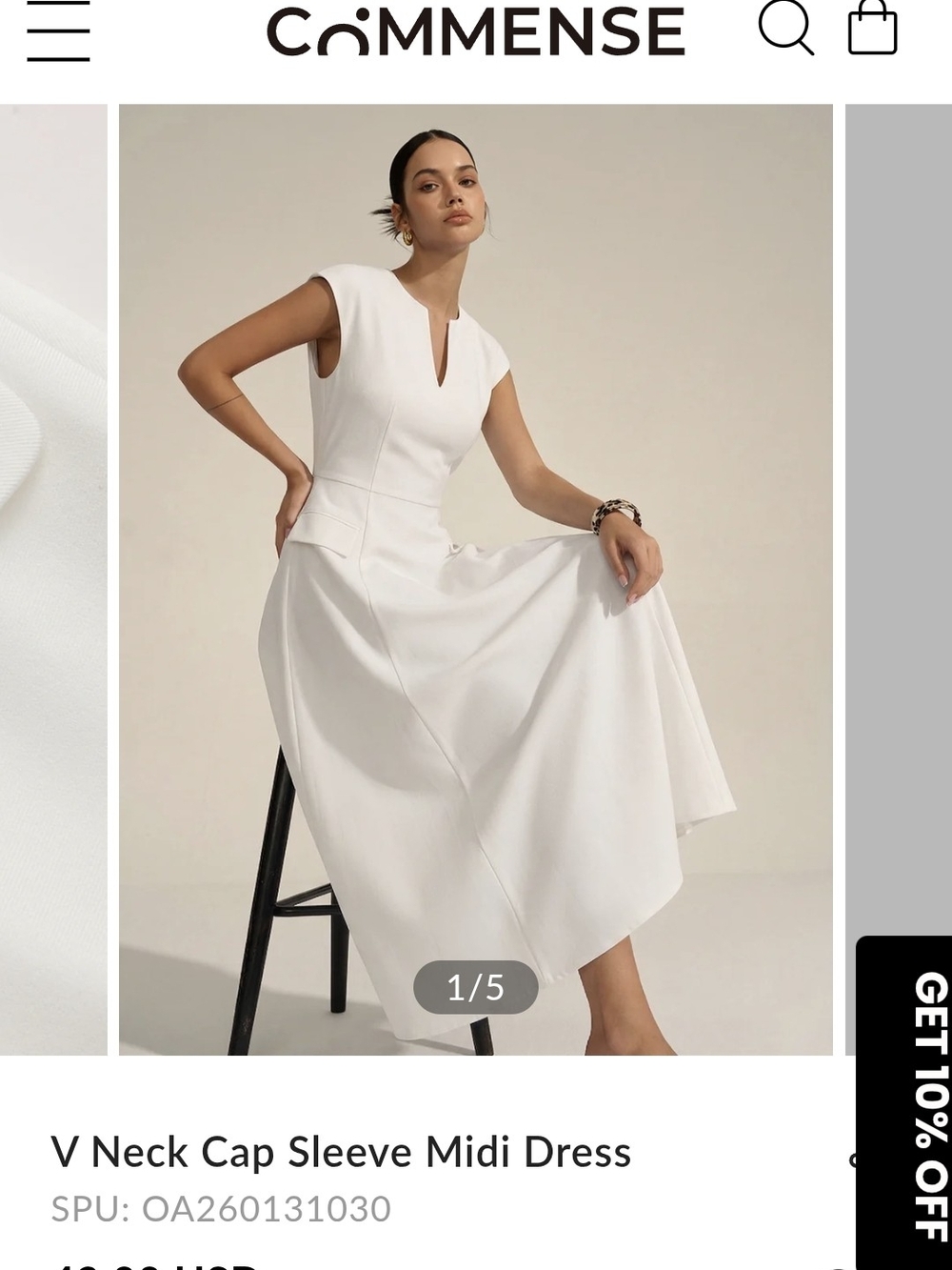Commense White V-Neck Cap Sleeve Midi Dress with Flared Skirt